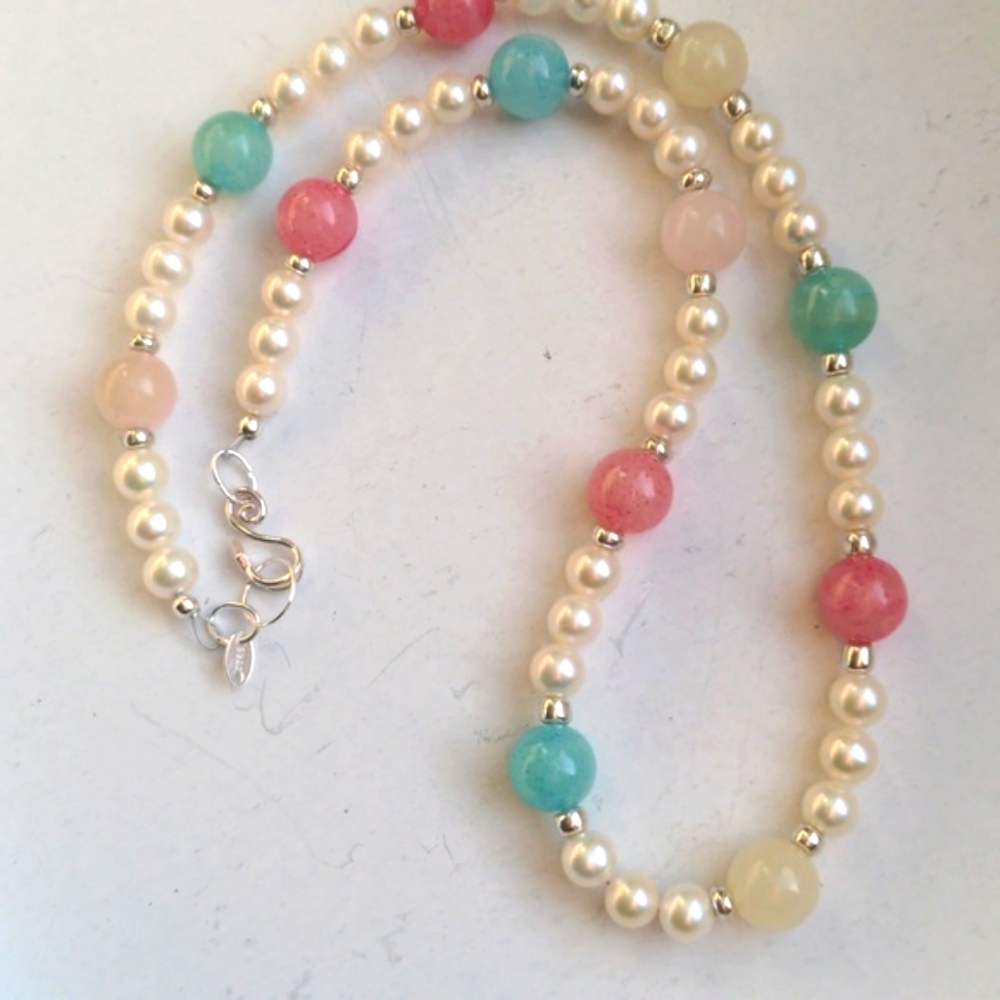 Pearl & Multicolor quartz Sterling Silver necklace. 18" Genuine pearls New, Box
